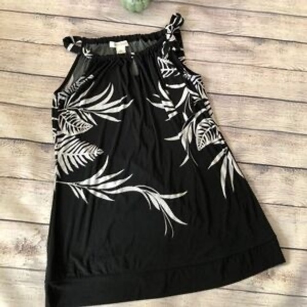White House Black Market Tropical Palm Leaf Halter Top Black White Small WHBM